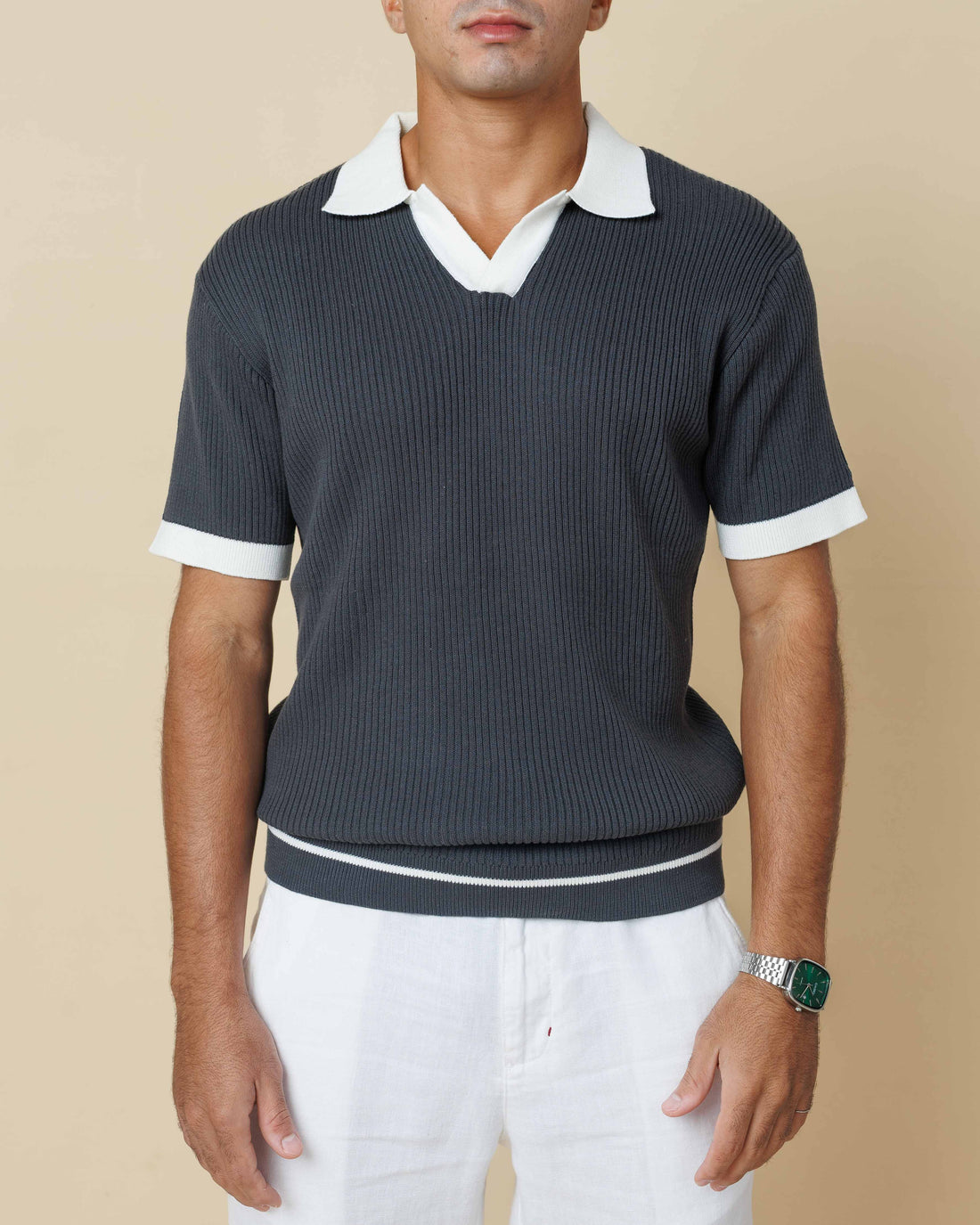 Contrast Knit Johnny Collar Polo  - LCY London