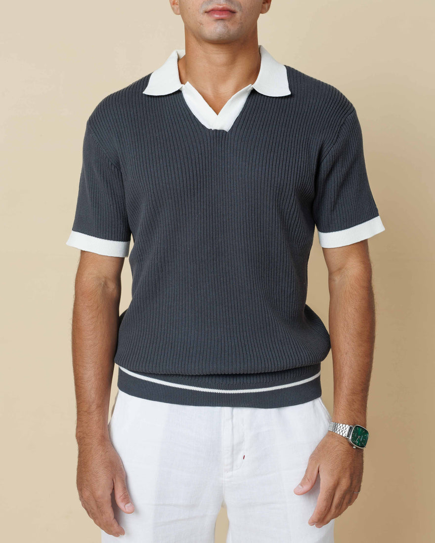 Contrast Knit Johnny Collar Polo  - LCY London