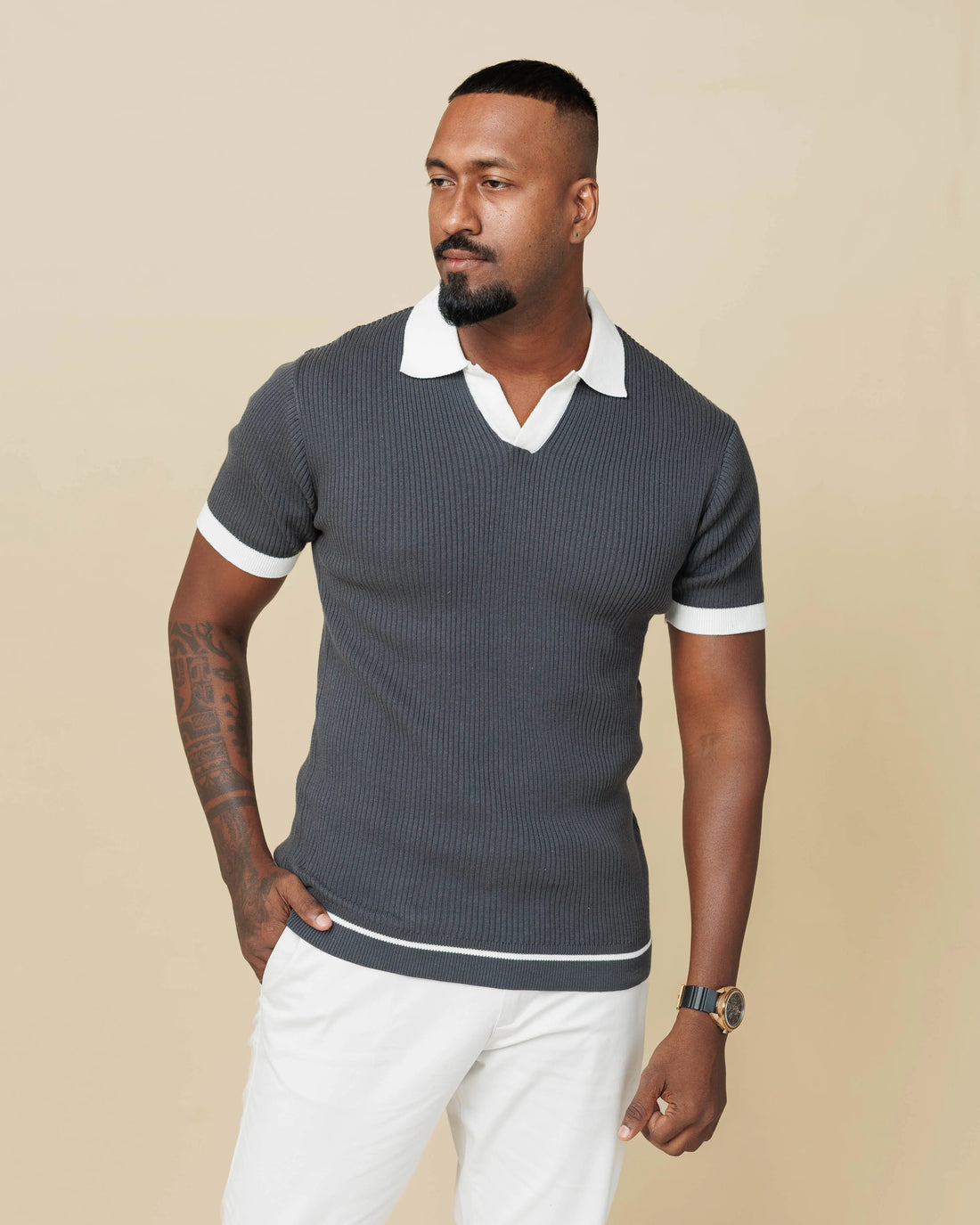 Contrast Knit Johnny Collar Polo Gray-XL-Polo-collar - LCY London
