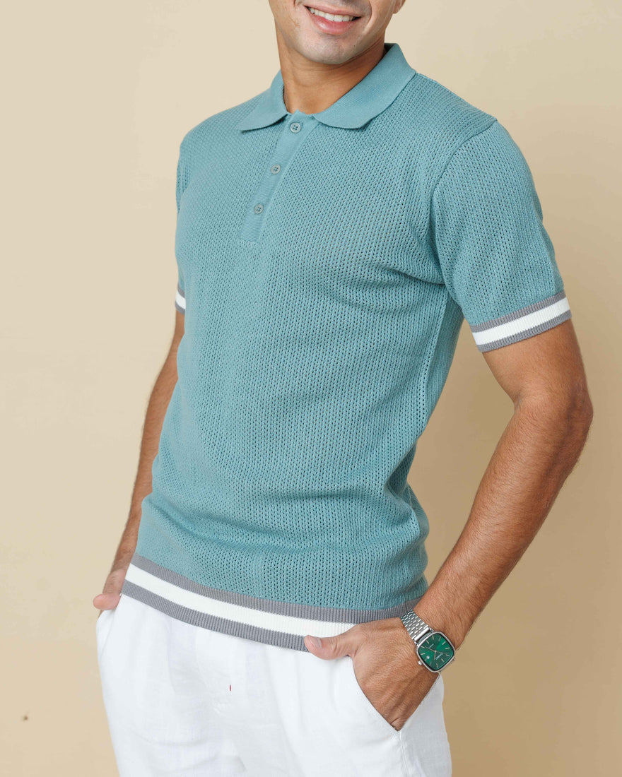 Zig Zag Jacquard Cotton Polo Sea-Green-XL - LCY London