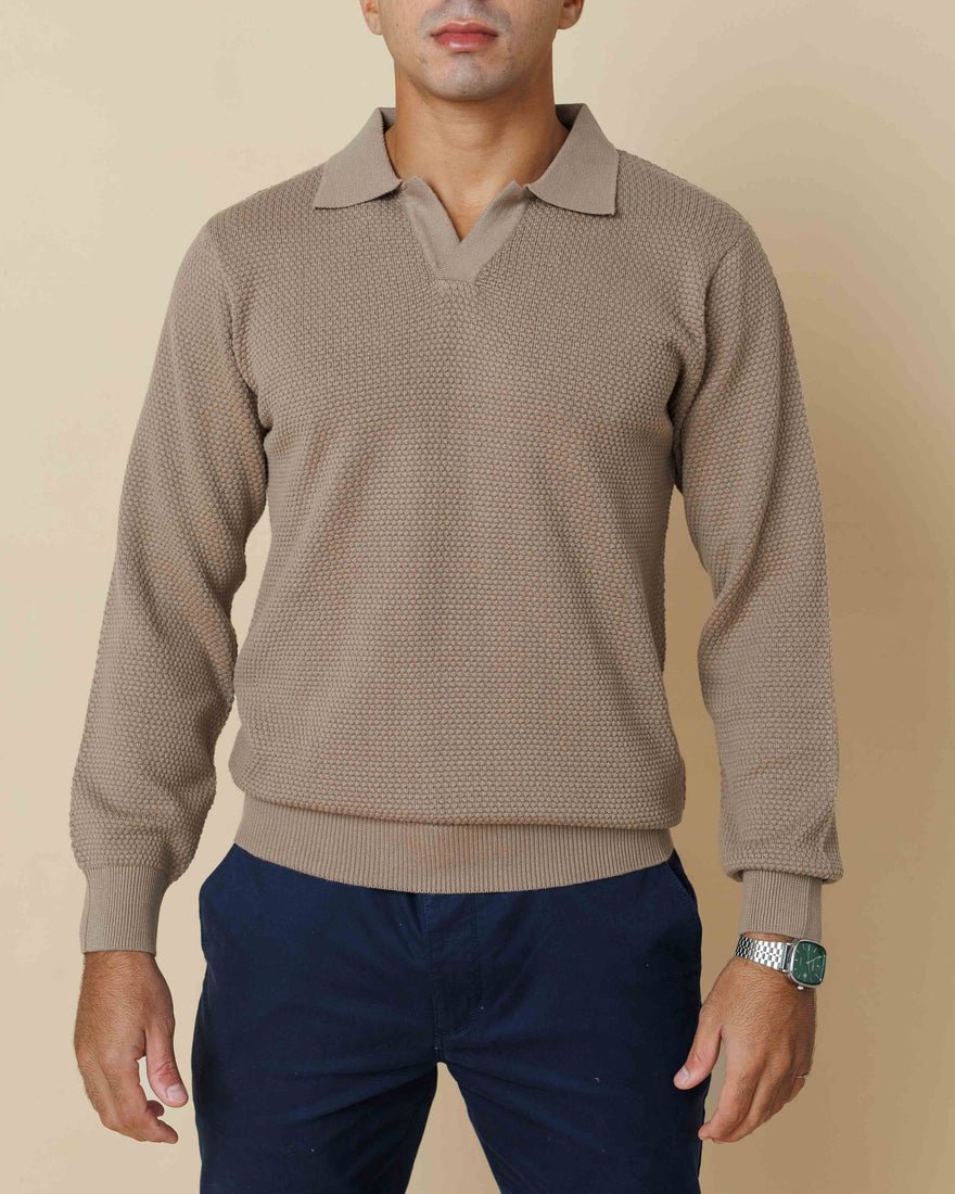 All-Season Popcorn Knit Long Sleeve Polo Neutral LCY London