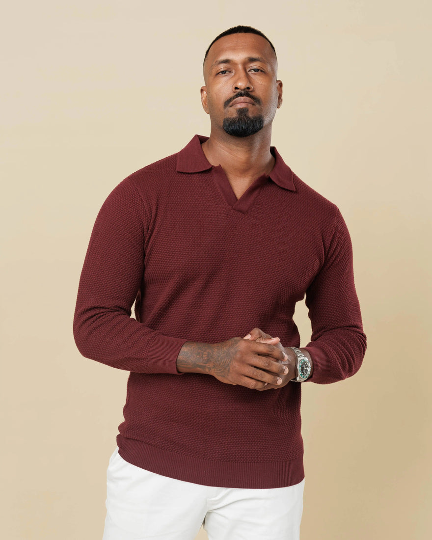 All-Season Popcorn Knit Long Sleeve Polo Wine-XL LCY London