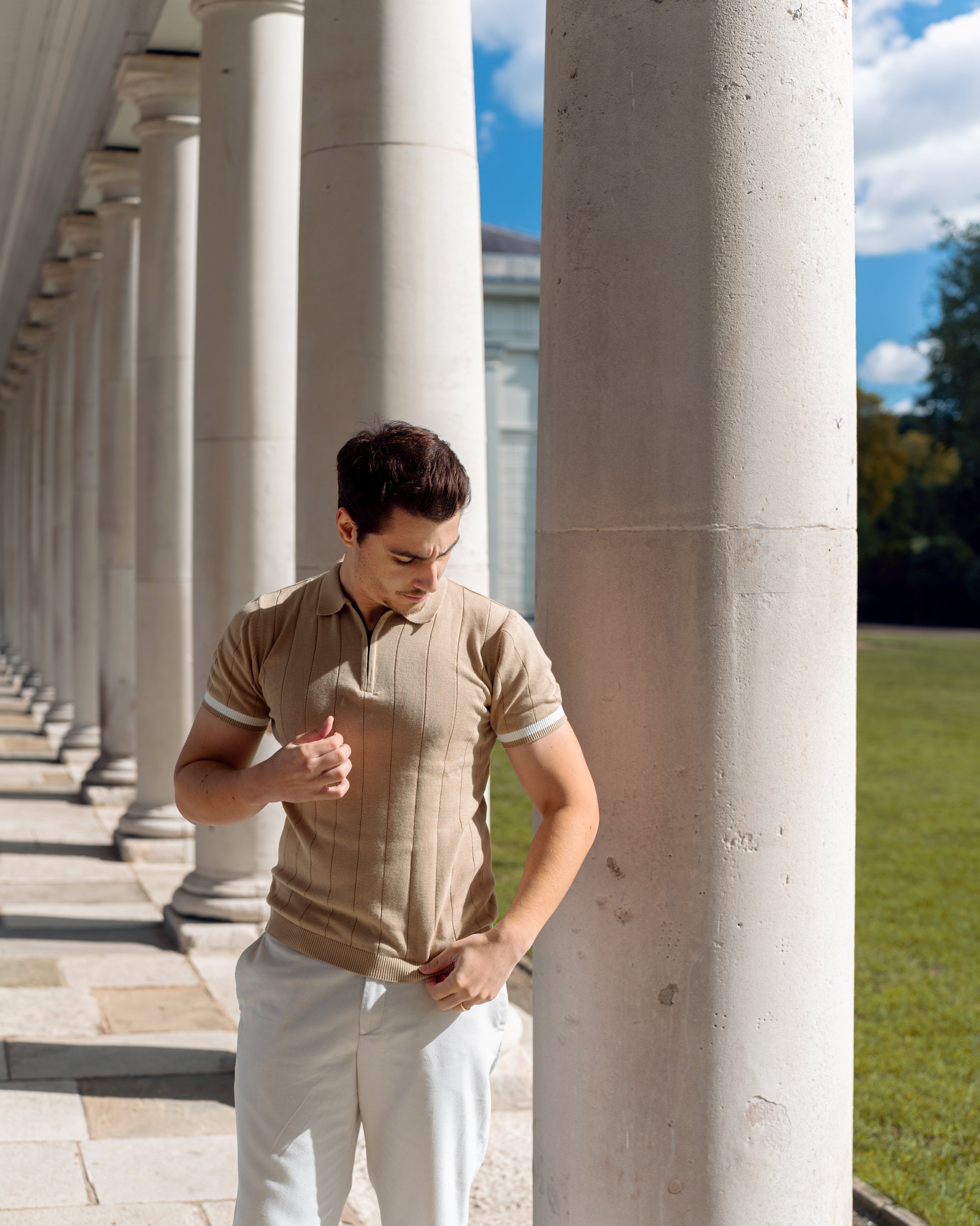 Contrast Knit Johnny Collar Polo on model