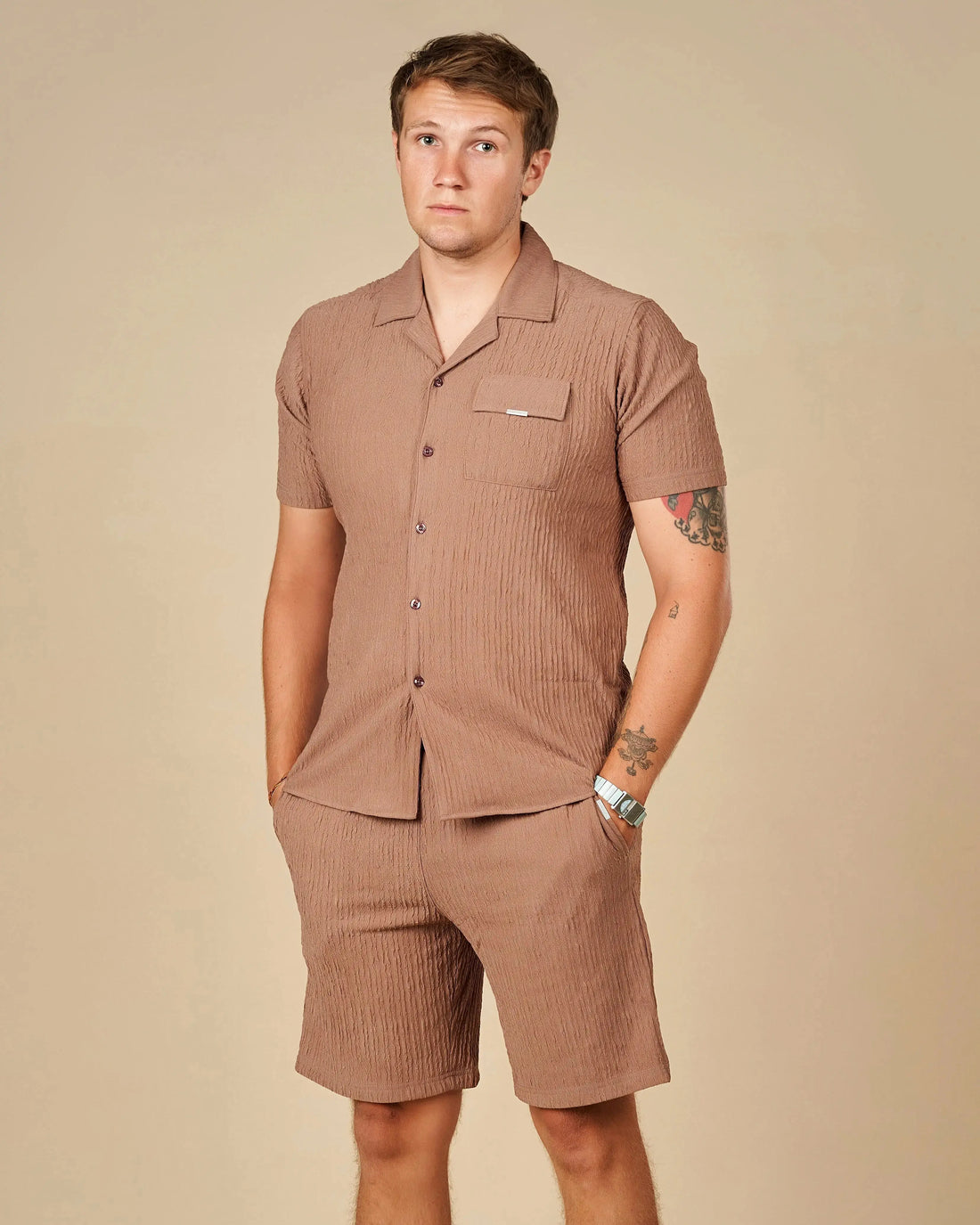 Legacy London Cuban Shirt & Shorts Co-Ord Set Camel Beige / XXL - LCY London