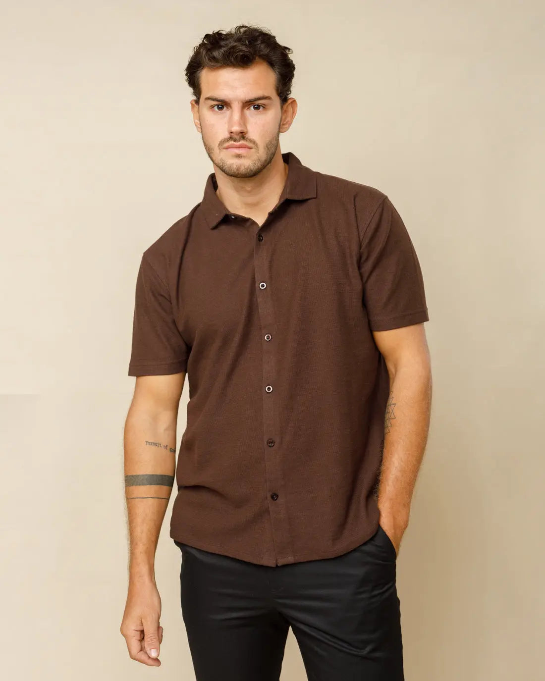 Spread Collar Button Down Shirt Brown-XL - LCY London