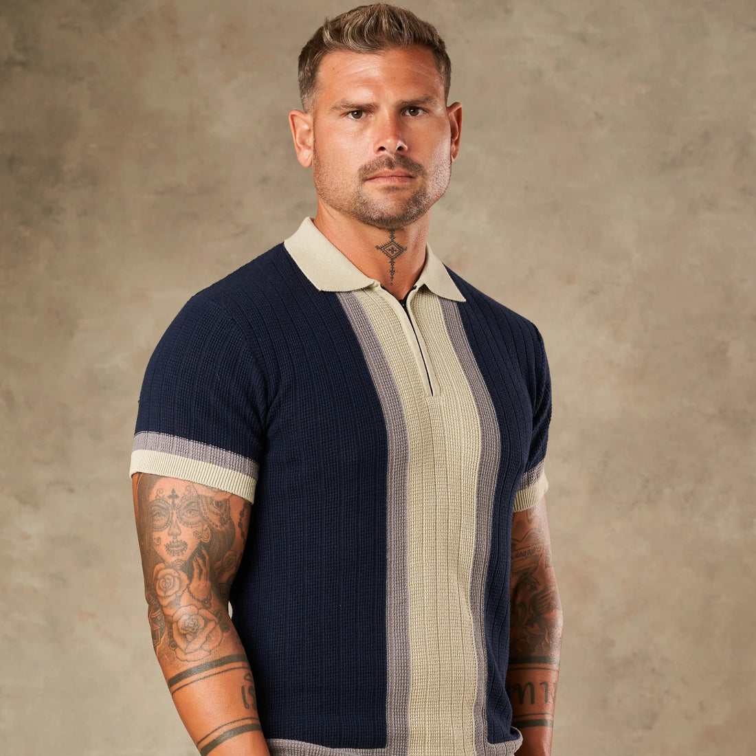 Vertical Colour Block Zipper Polo