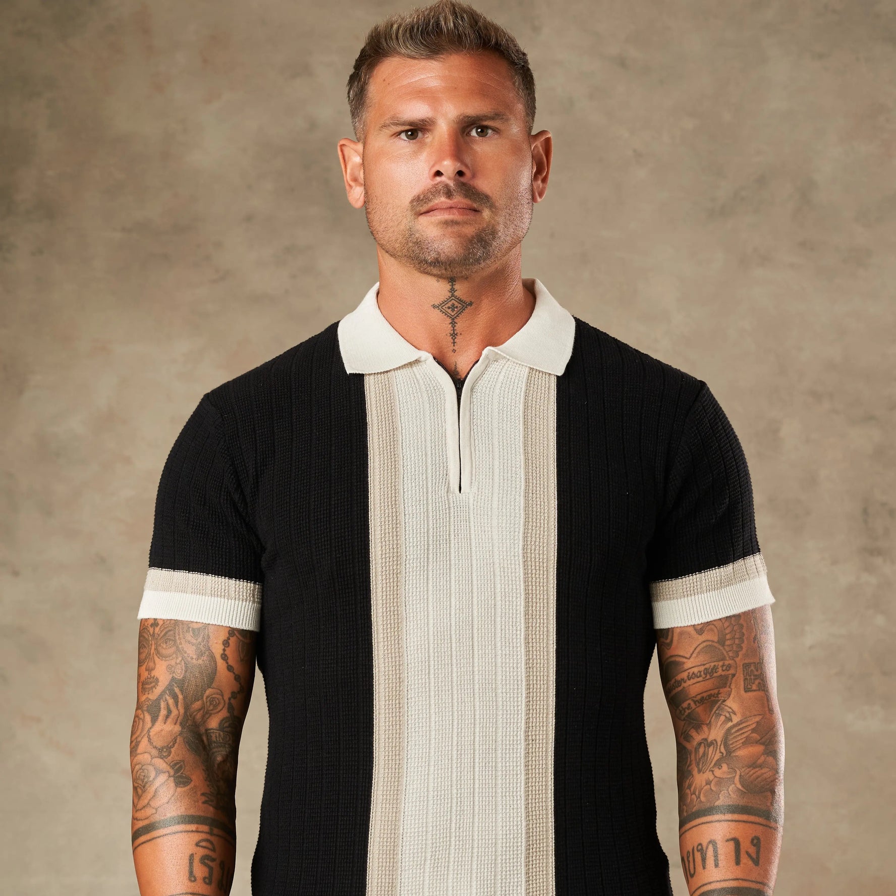 Vertical Colour Block Zipper Polo