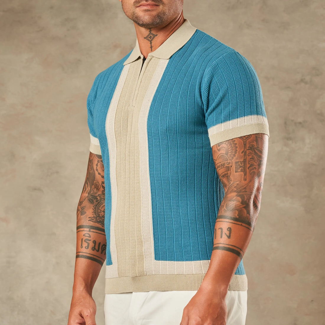 Vertical Colour Block Zipper Polo