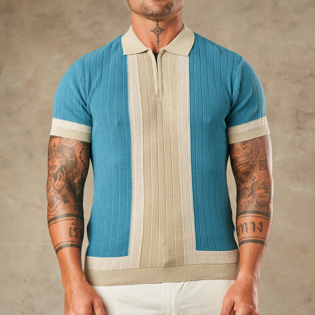 Vertical Colour Block Zipper Polo