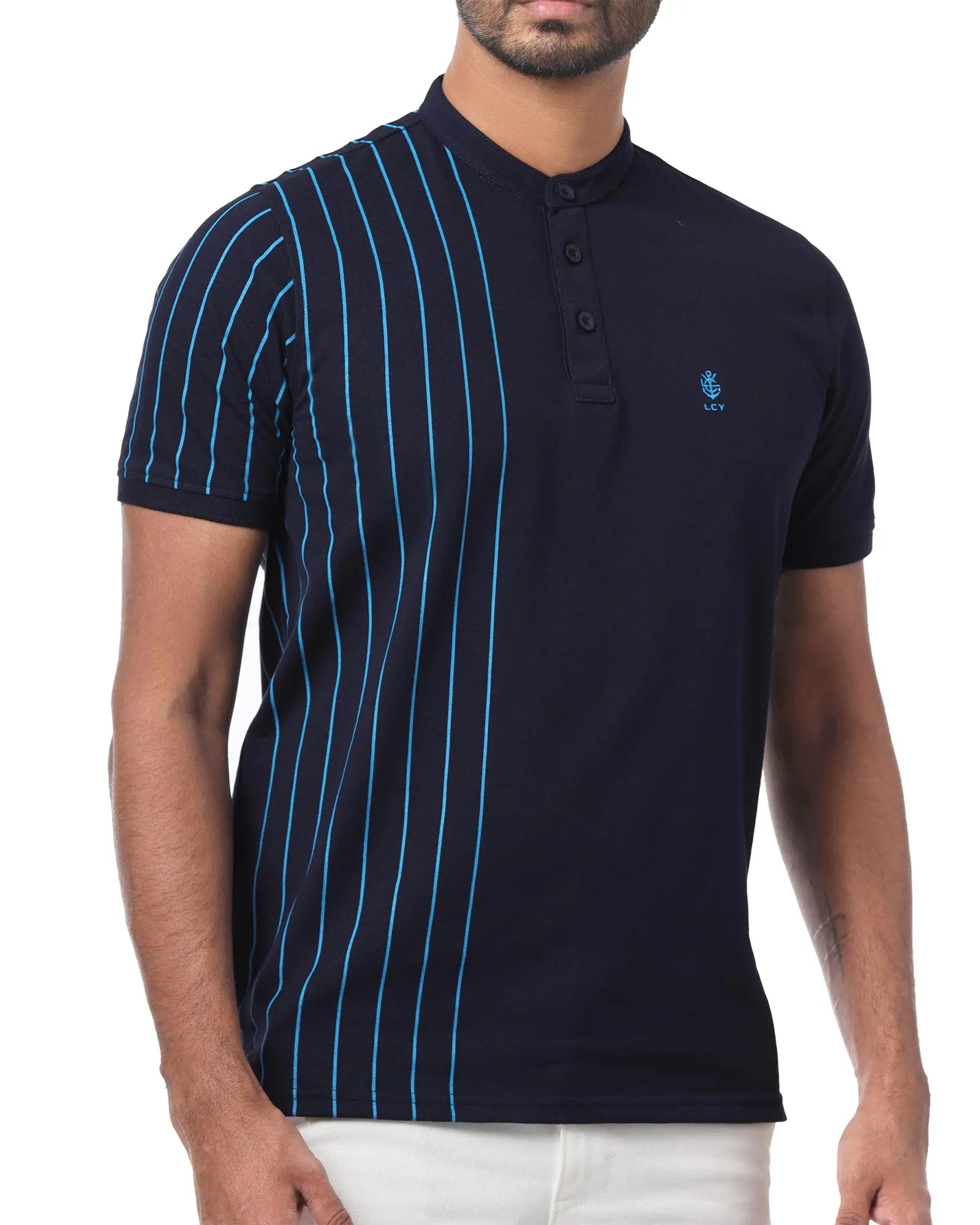 LCY London | Capsule Collection - Contrasting Vertical Striped Men&#39;s Mandarin Polo LCY London