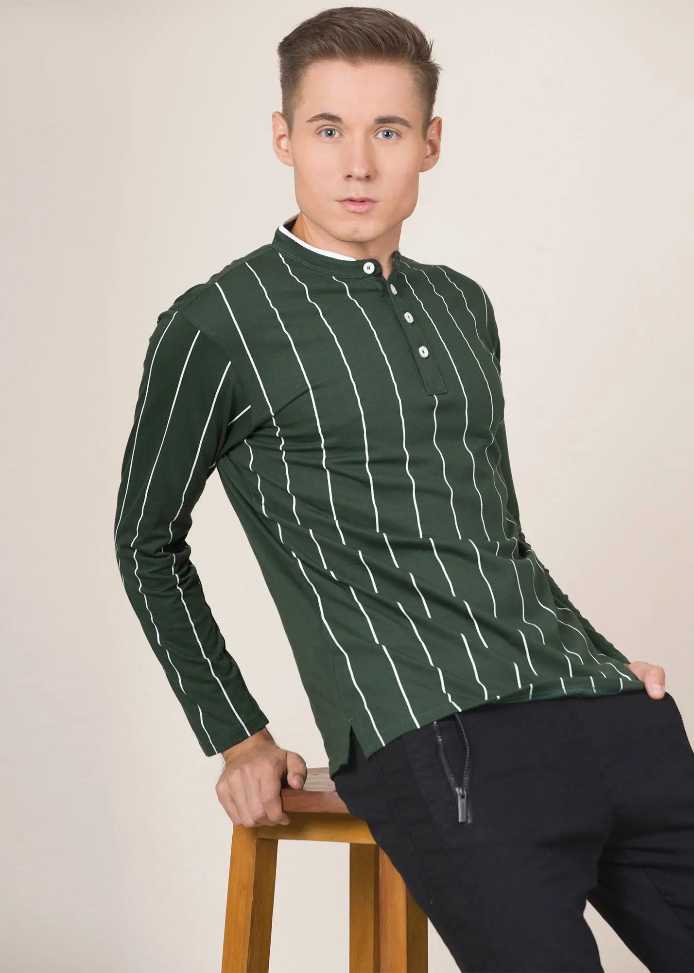 LCY London | Line Classics - Long Sleeved Men's Vertical Striped Mandarin Polo Top LCY London