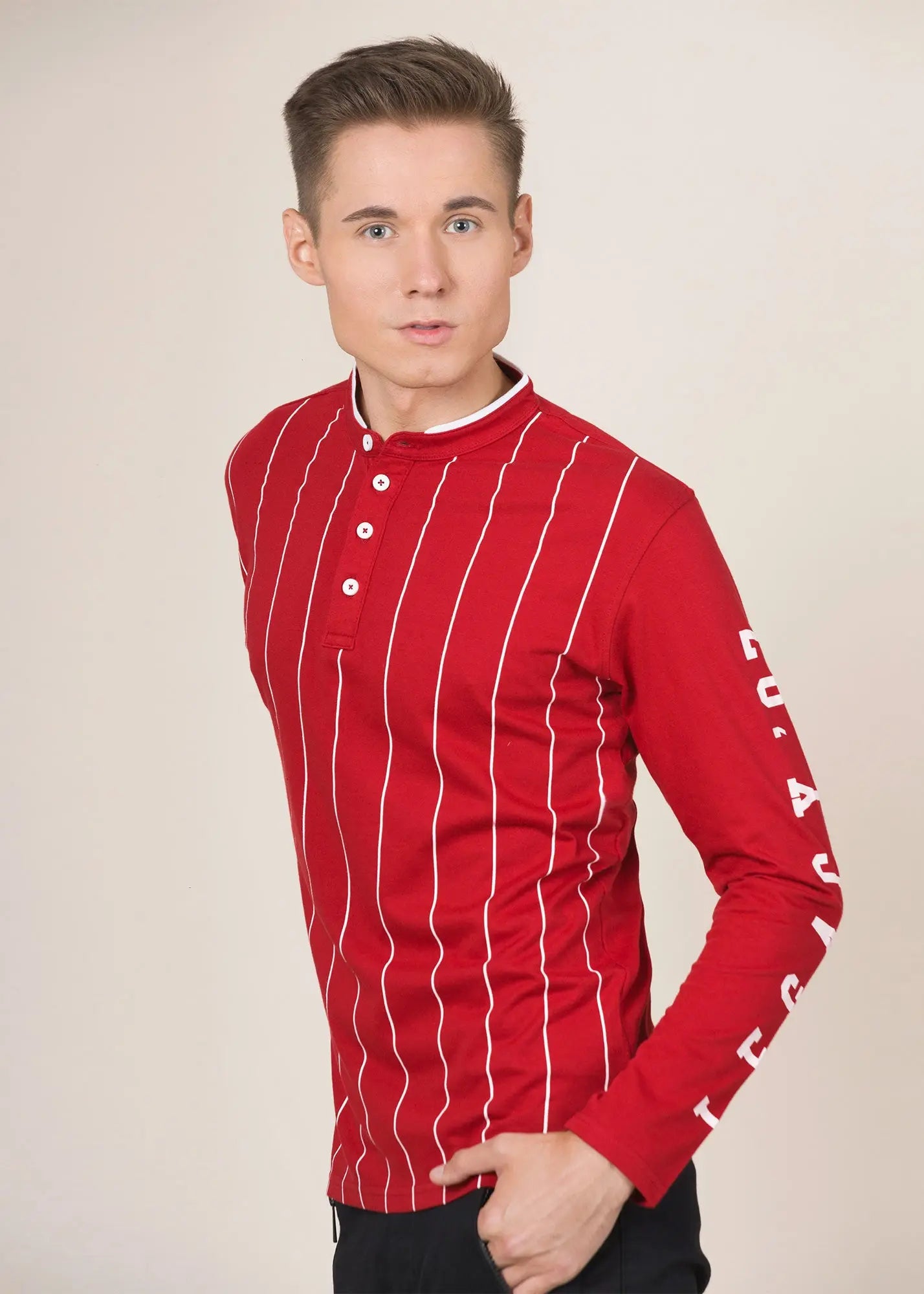 LCY London | Line Classics - Long Sleeved Men's Vertical Striped Mandarin Polo Top LCY London